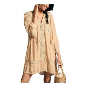 Anthropologie Tan Embroidered Midi Dress